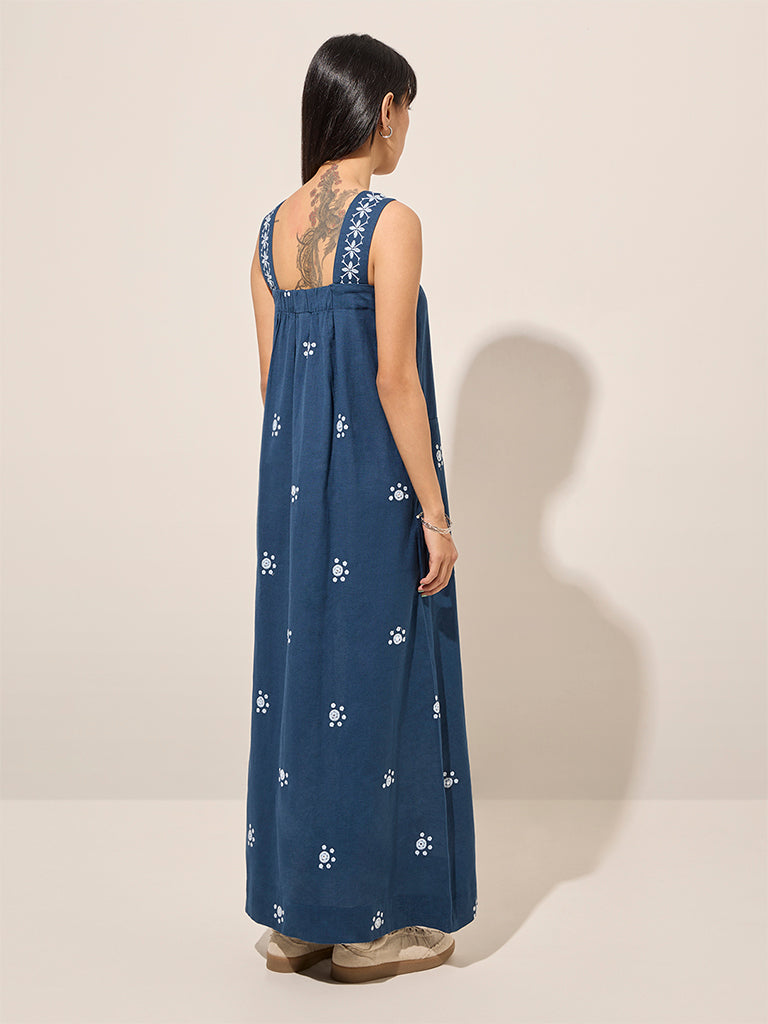 Westside Bombay Paisley Women's Navy Embroidered Cotton A-Line Dress for Everyday Back View