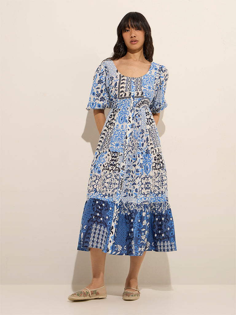 Westside Bombay Paisley Women's Blue Ethnic Printed Fit-and-Flare Dress for Everyday Full View