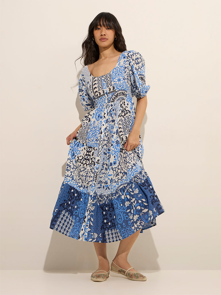Westside Bombay Paisley Women's Blue Ethnic Printed Fit-and-Flare Dress for Everyday Front View