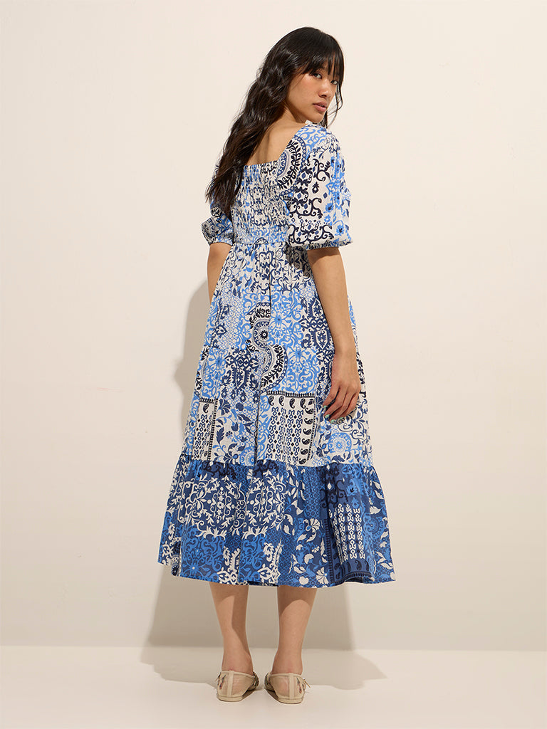 Westside Bombay Paisley Women's Blue Ethnic Printed Fit-and-Flare Dress for Everyday Back View