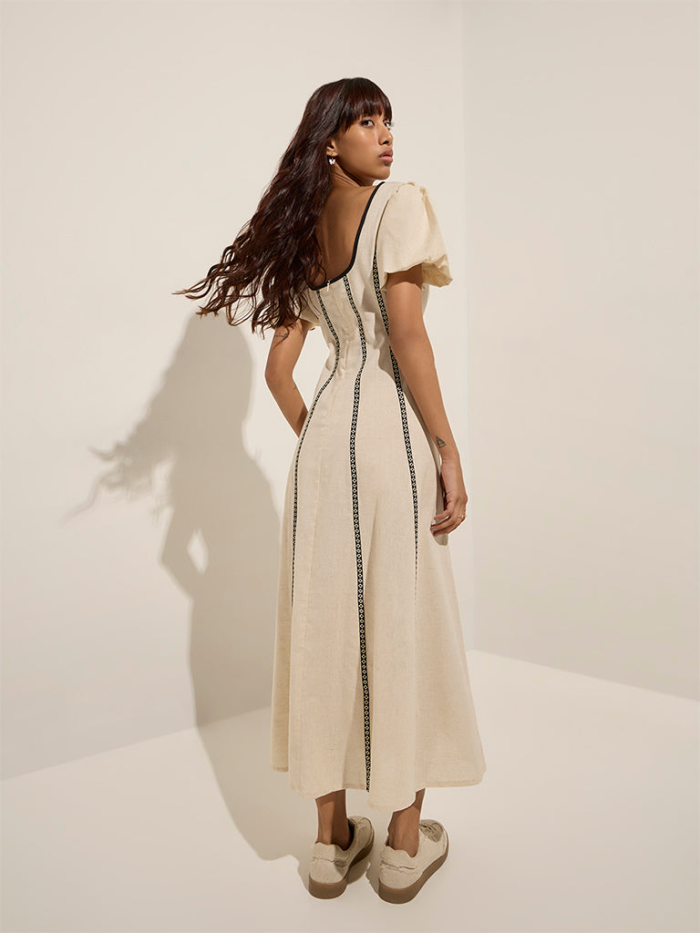 Westside Bombay Paisley Women's Beige Striped Cotton-Blend A-Line Dress for Everyday Back View