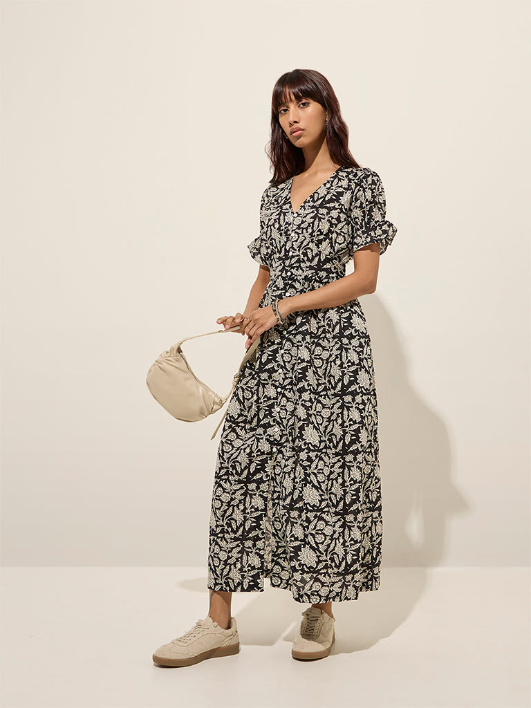 Buy Bombay Paisley Black Floral Printed Cotton A-Line Dress from Westside