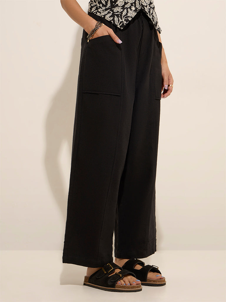Westside Bombay Paisley Women's Black High-Rise Cotton-Blend Pants for Everyday Front View