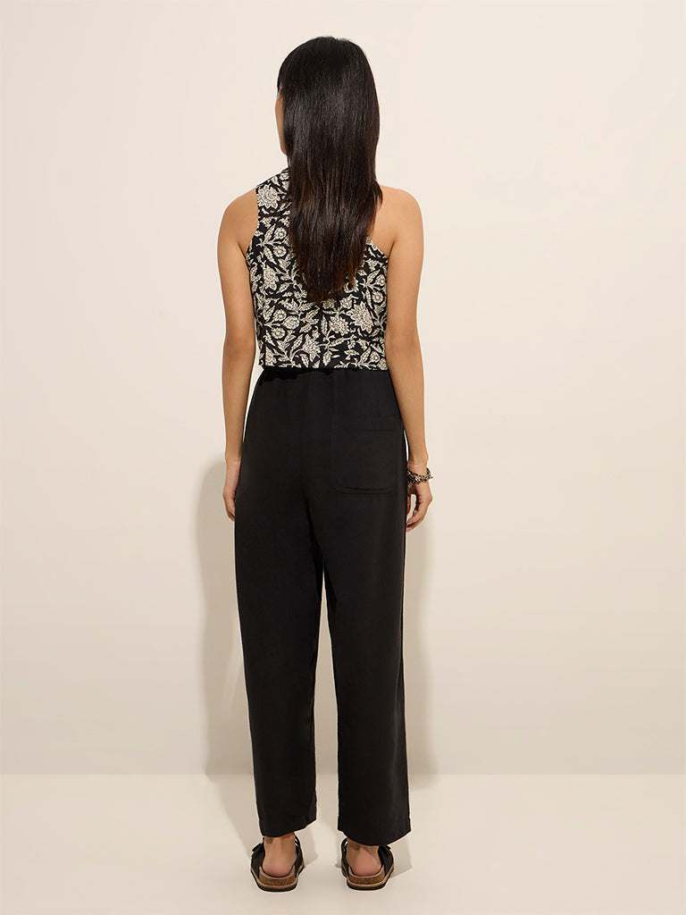 Westside Bombay Paisley Women's Black High-Rise Cotton-Blend Pants for Everyday Back View