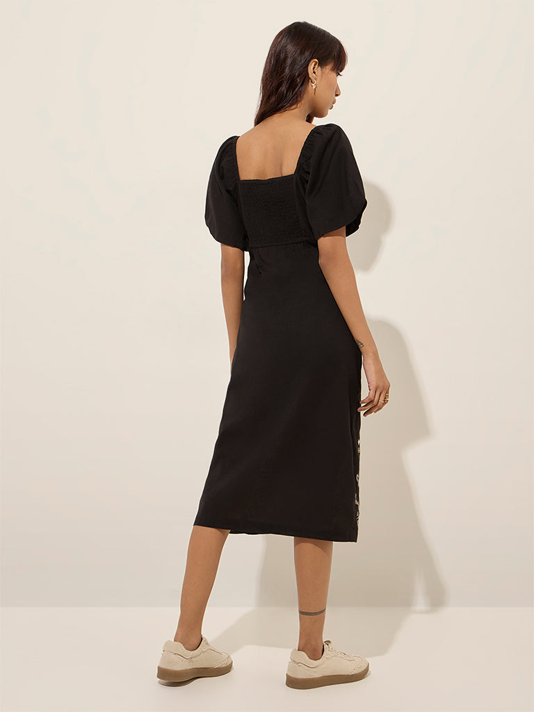 Westside Bombay Paisley Women's Black Embroidered Cotton-Blend A-Line Dress for Everyday Back View