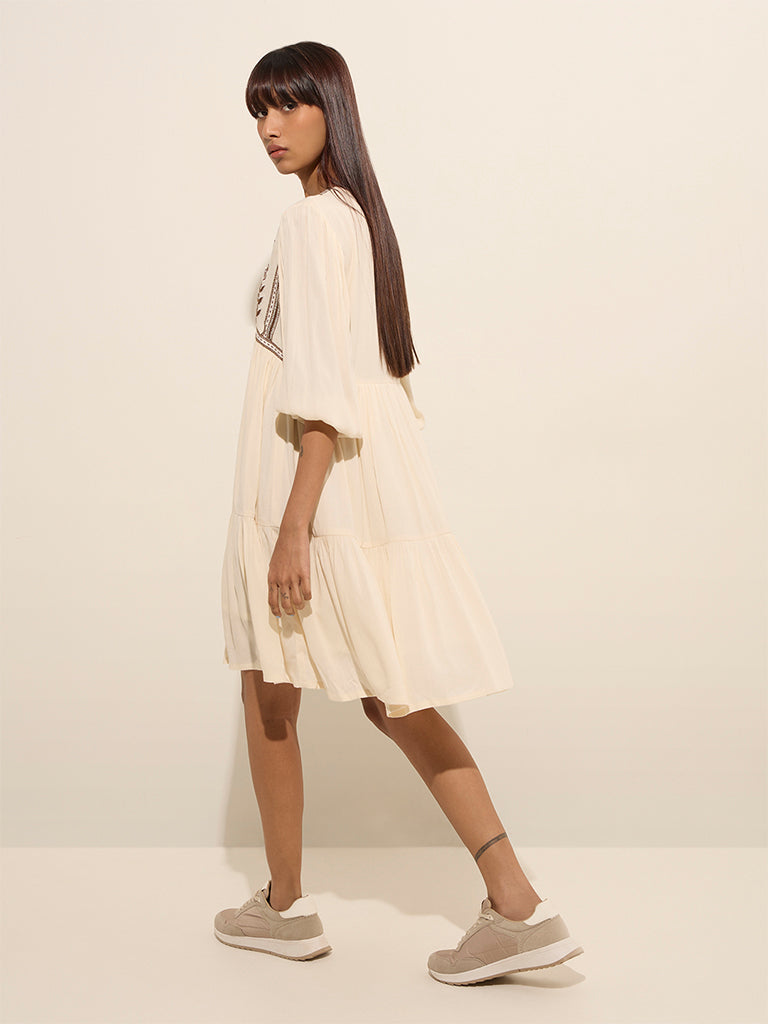 Westside Bombay Paisley Women's Off-White Embroidered Cotton A-Line Dress for Everyday Back View