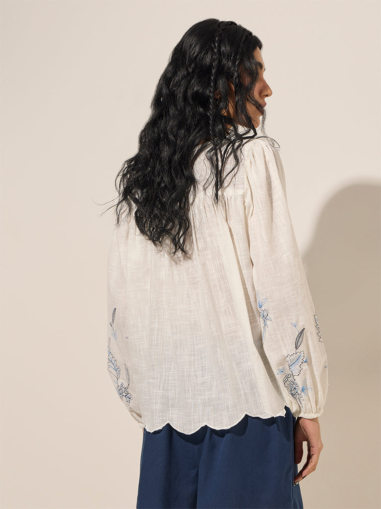 Bombay Paisley Ivory Floral Embroidered Cotton Top