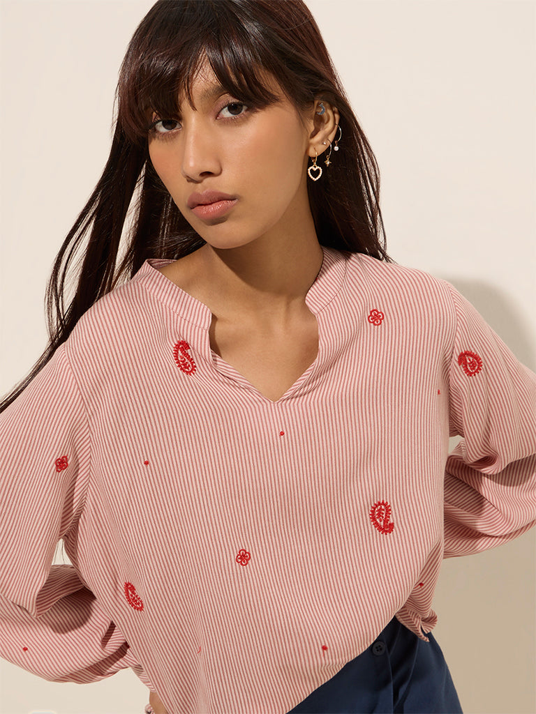 Bombay Paisley Pink Paisley Embroidered Cotton Top