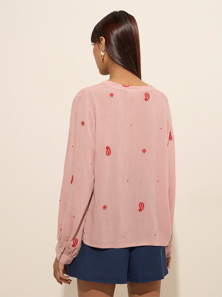 Westside Bombay Paisley Women's Pink Paisley Embroidered Cotton Top for Everyday Back View