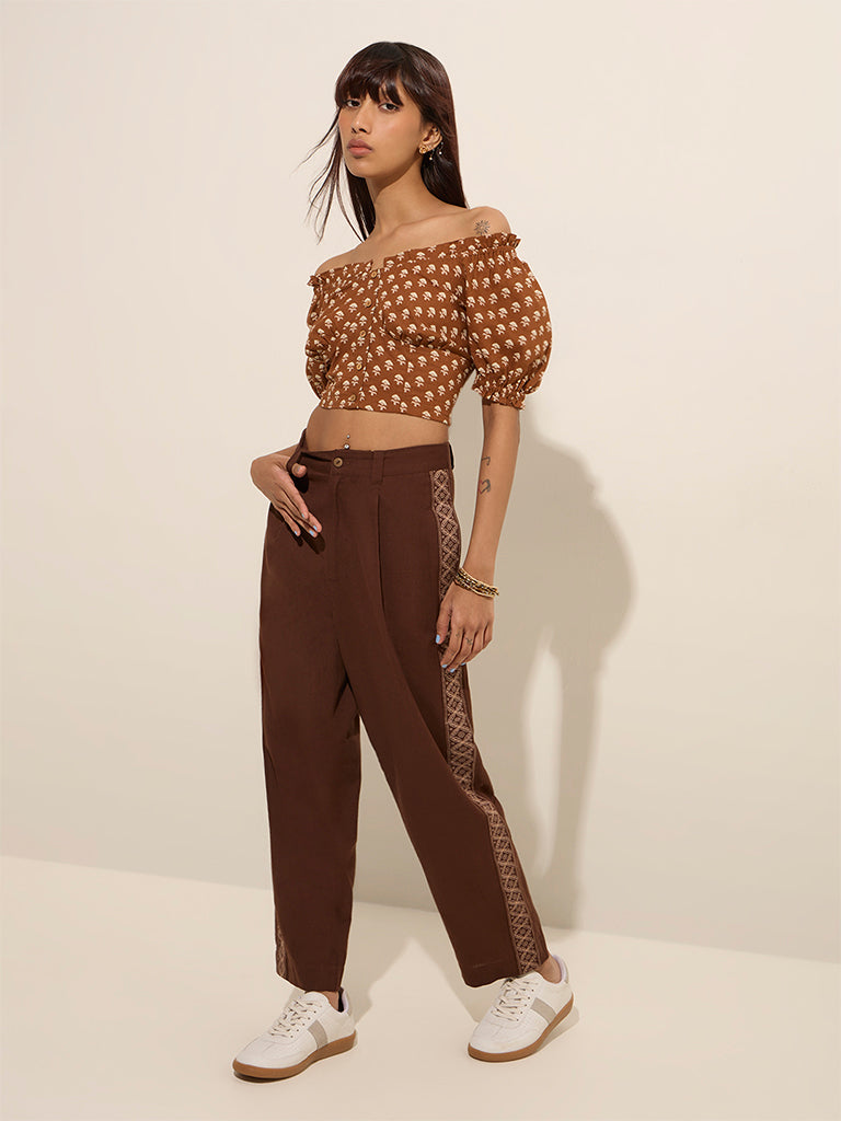 Westside Bombay Paisley Women's Brown Paisley Print Off-Shoulder Cotton Top for Everyday Full View