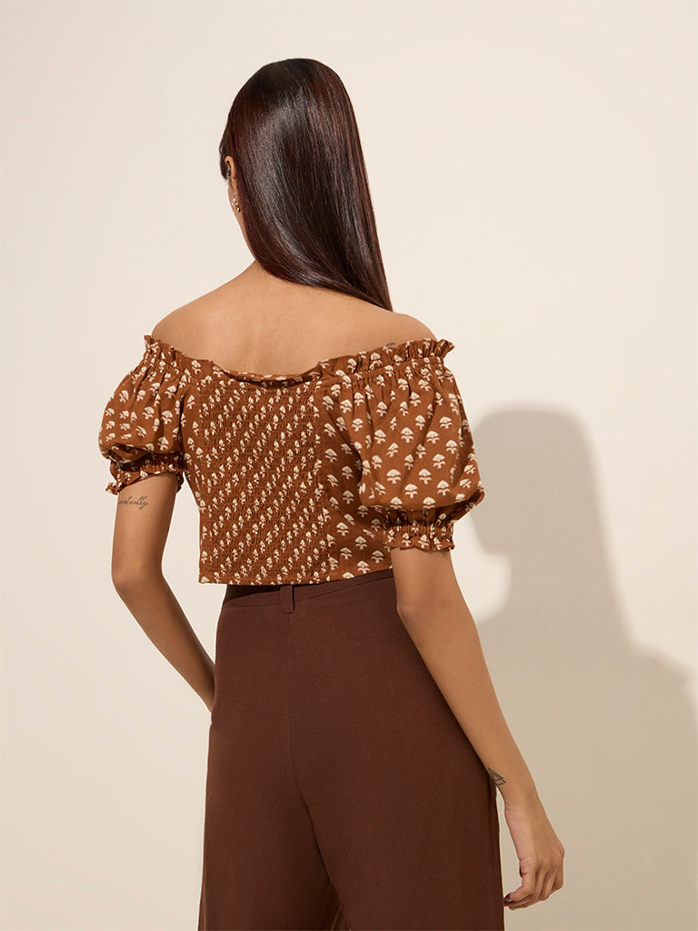 Westside Bombay Paisley Women's Brown Paisley Print Off-Shoulder Cotton Top for Everyday Back View