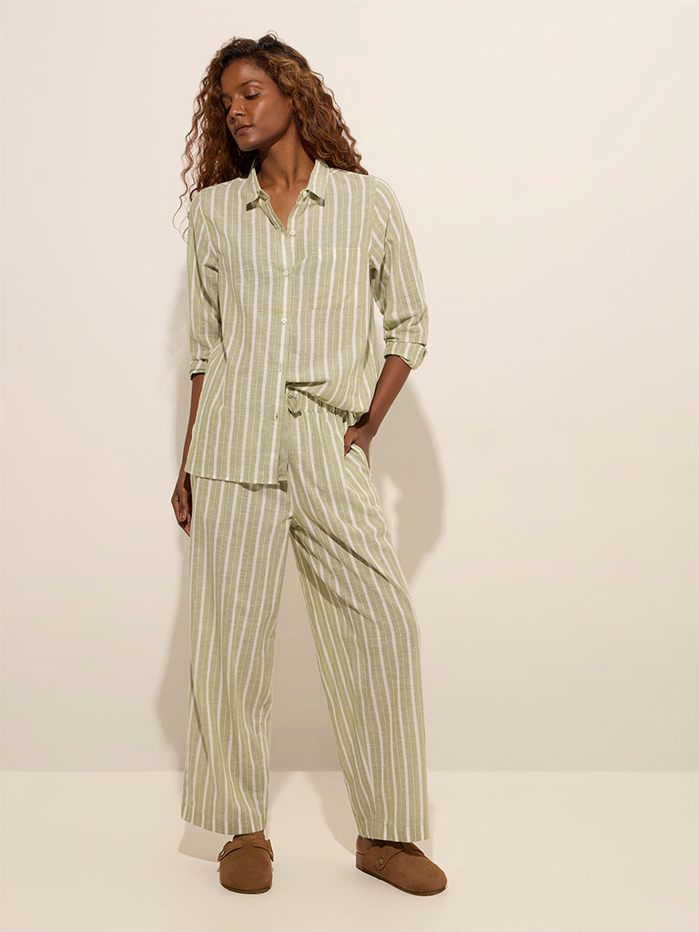 Buy Wunderlove Olive Striped Cotton Shirt and Pyjamas Set from