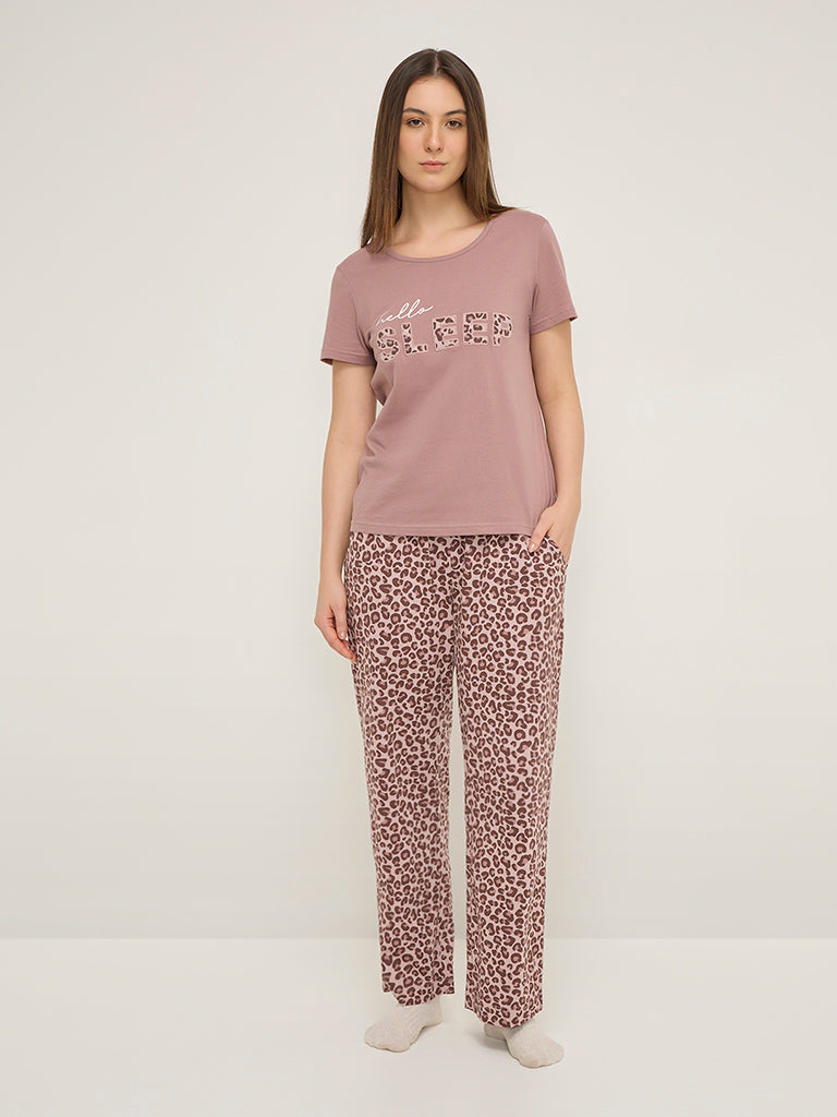 Wunderlove Brown Animal Print High-Rise Cotton Lounge Pants