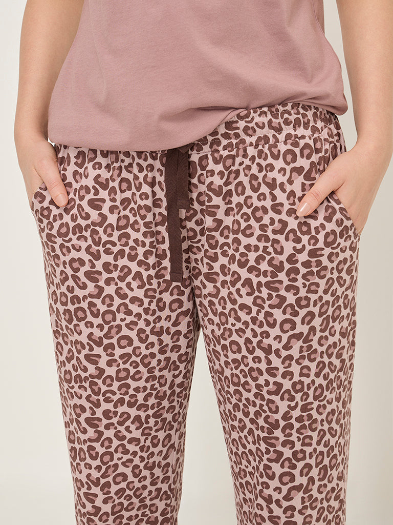 Wunderlove Brown Animal Print High-Rise Cotton Lounge Pants