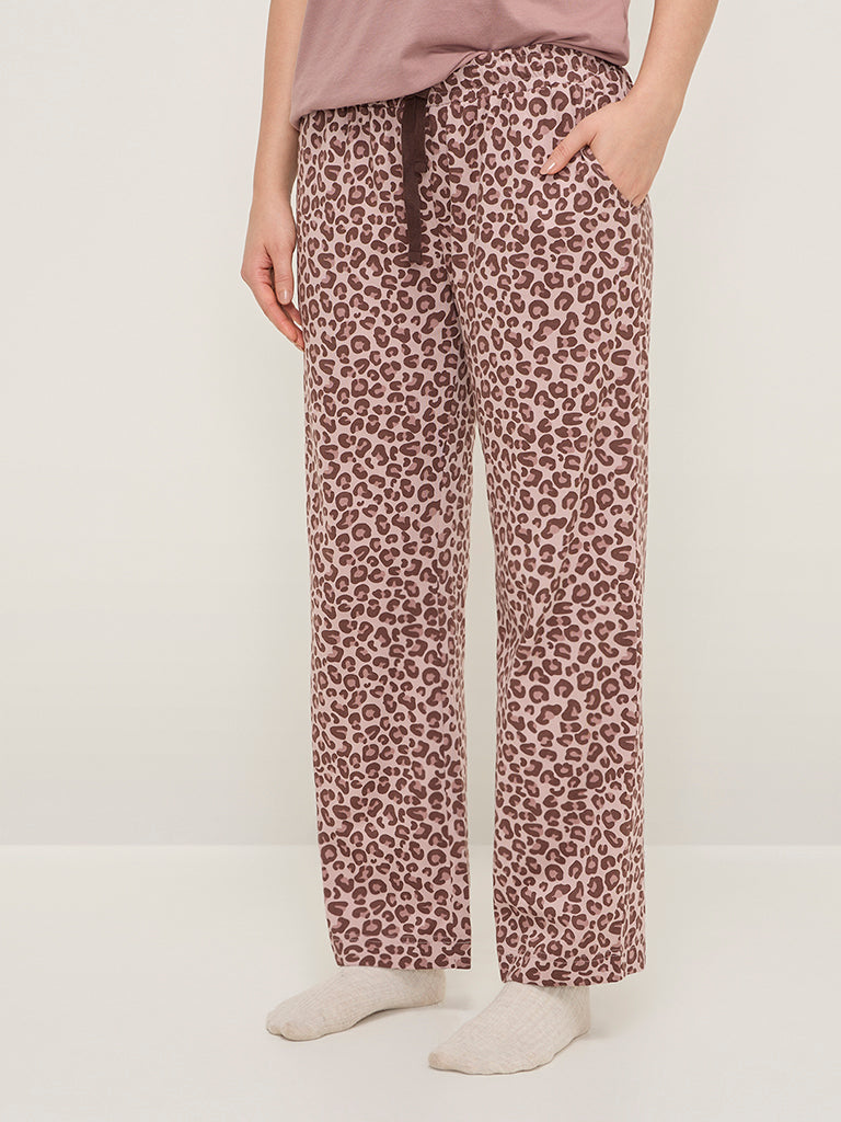 Wunderlove Brown Animal Print High-Rise Cotton Lounge Pants