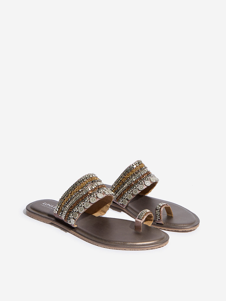 Westside LUNA BLU Women's  Dark Brown Embellished Toe-Ring Sandals for Festival Wear Front View