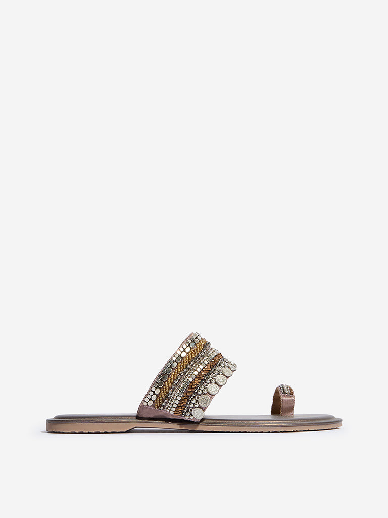 Westside LUNA BLU Women's  Dark Brown Embellished Toe-Ring Sandals for Festival Wear Side View