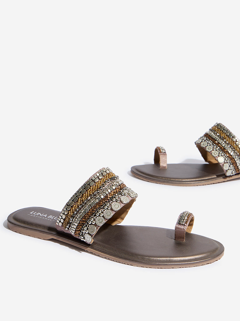 Westside LUNA BLU Women's  Dark Brown Embellished Toe-Ring Sandals for Festival Wear Zoomed View