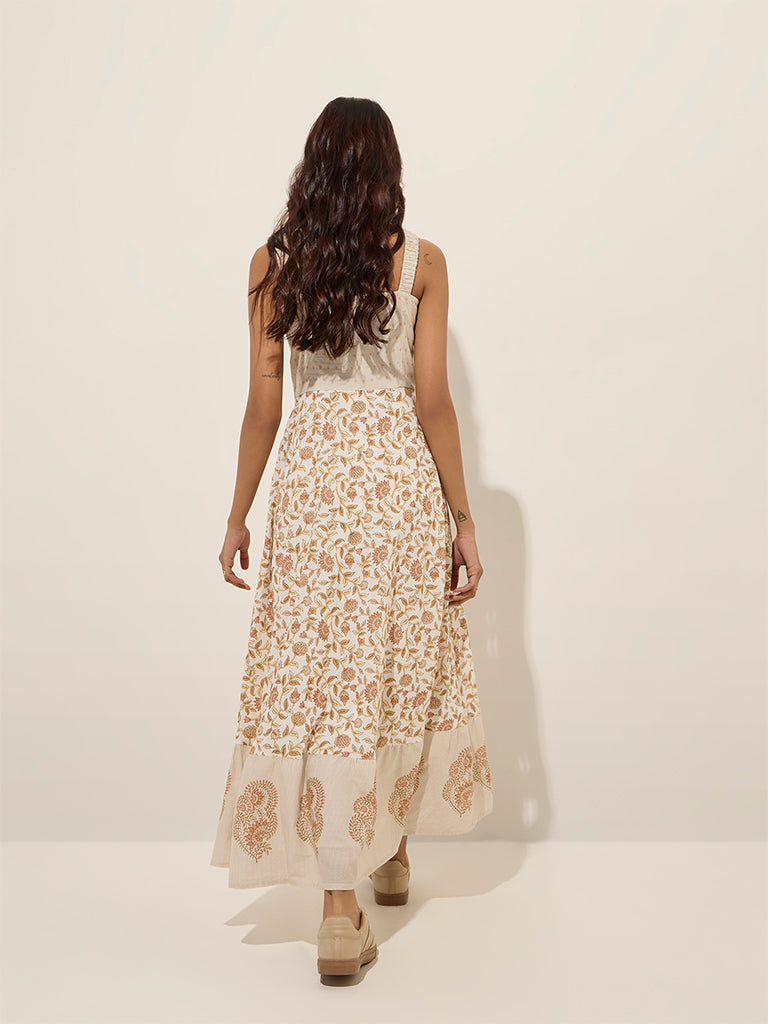 Bombay Paisley Beige Botanical Design A-Line Cotton Dress