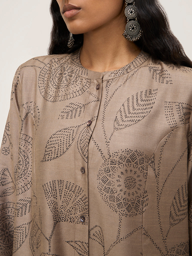 Zuba Light Taupe Foliage Printed A-Line Kurta
