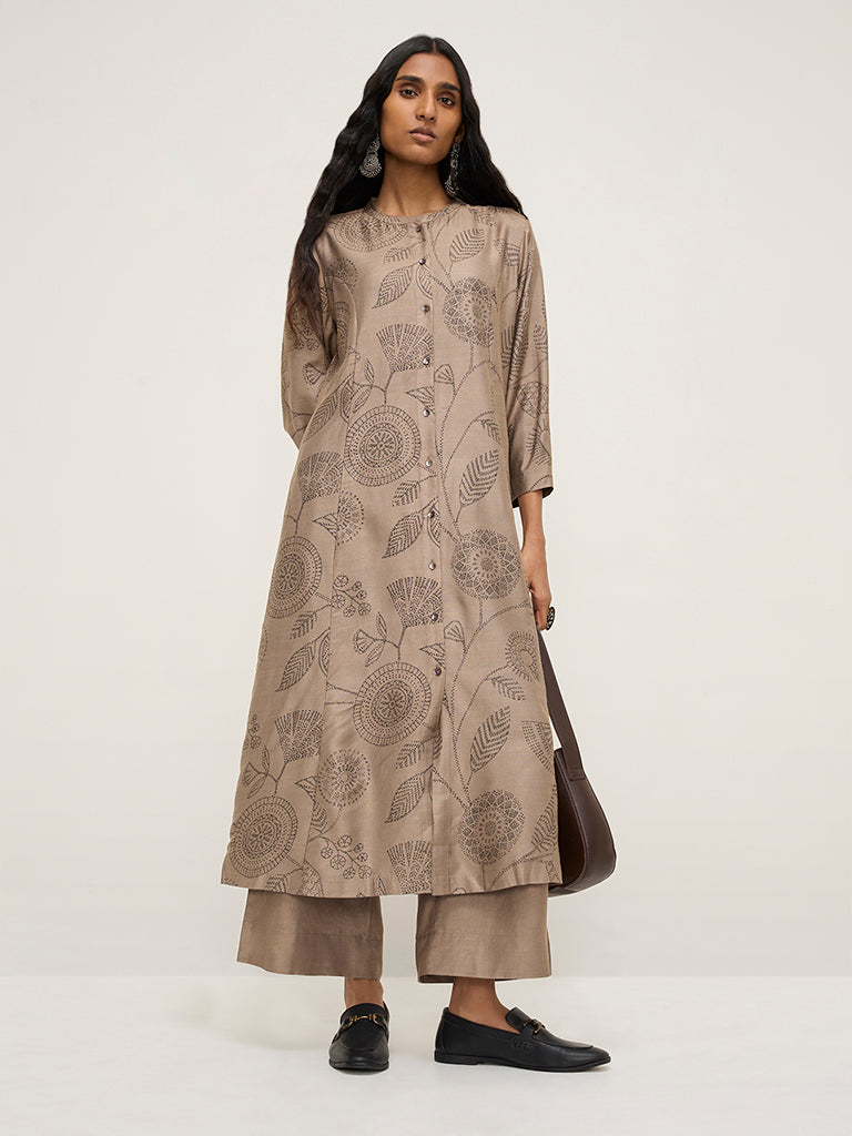 Zuba Light Taupe Foliage Printed A-Line Kurta