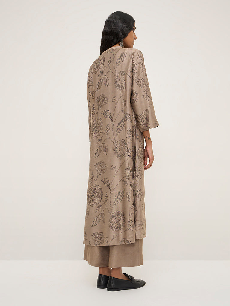 Zuba Light Taupe Foliage Printed A-Line Kurta