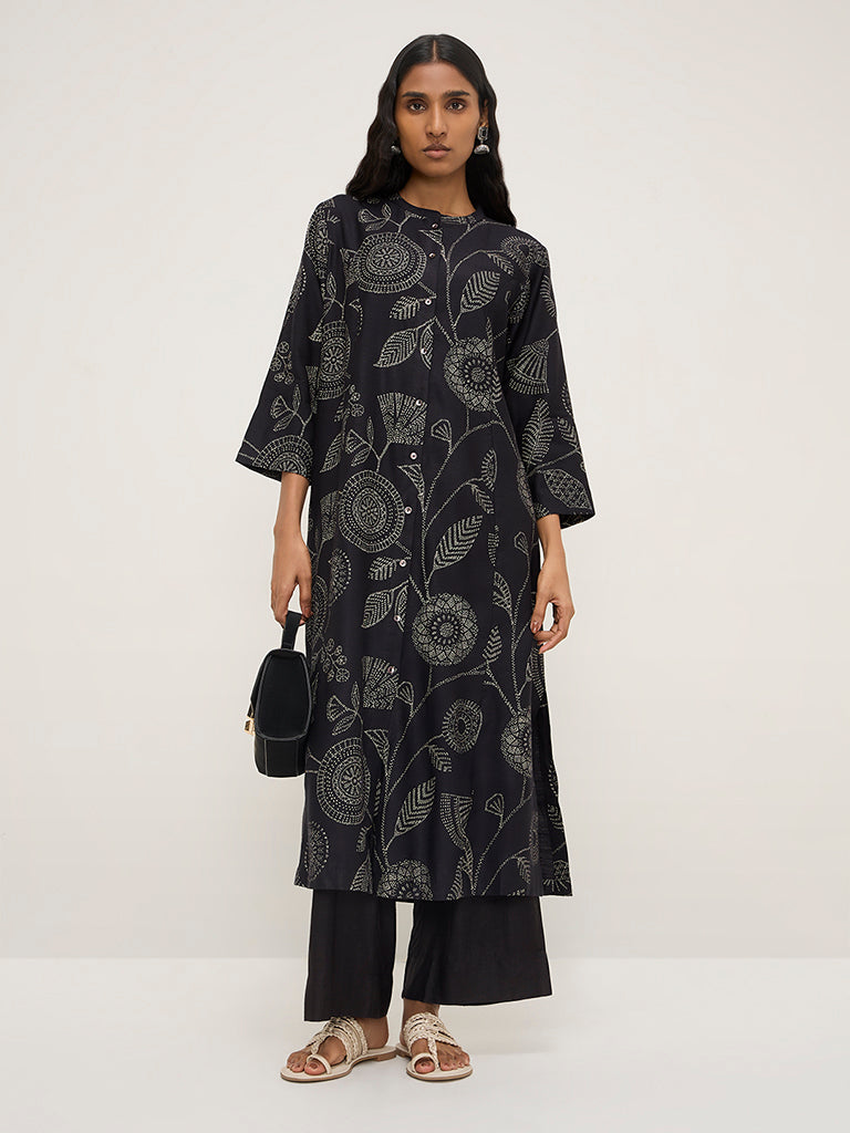 Zuba Black Foliage Printed A-Line Kurta