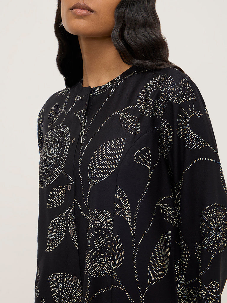 Zuba Black Foliage Printed A-Line Kurta