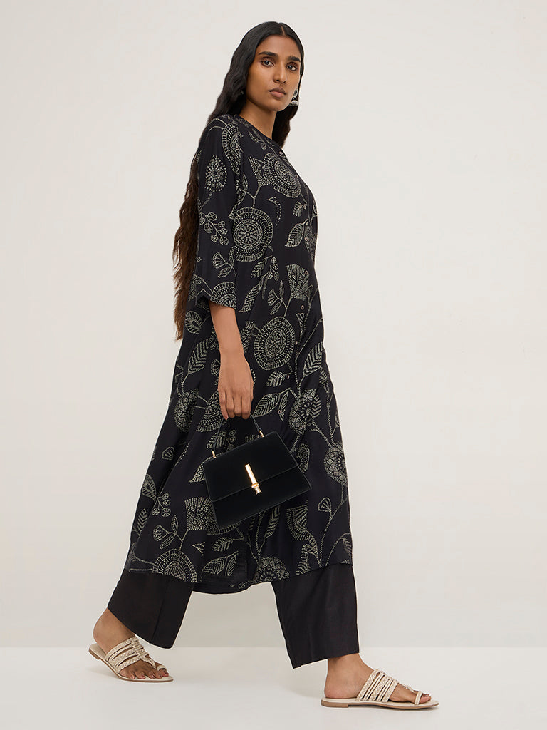 Zuba Black Foliage Printed A-Line Kurta
