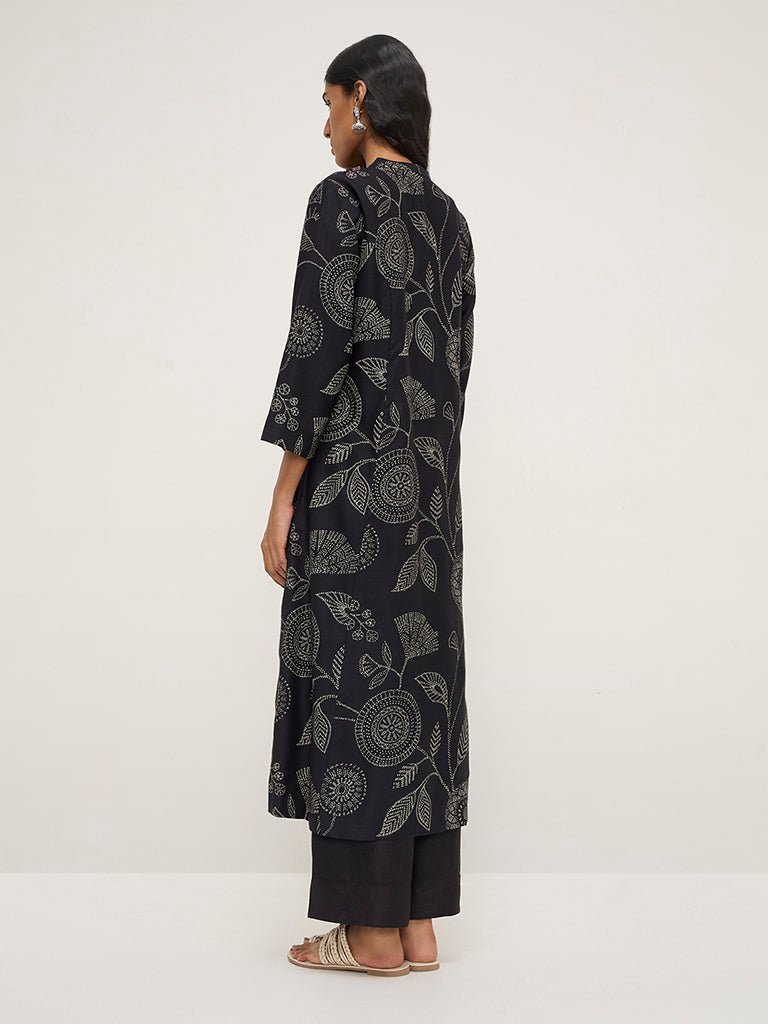 Zuba Black Foliage Printed A-Line Kurta