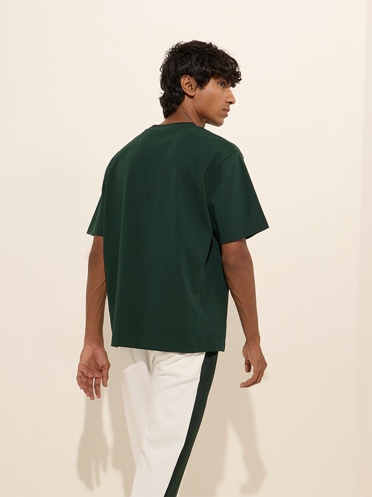 Westside Studiofit Men's Dark Green Relaxed-Fit Cotton-Blend T-Shirt for Sports Wear Back View