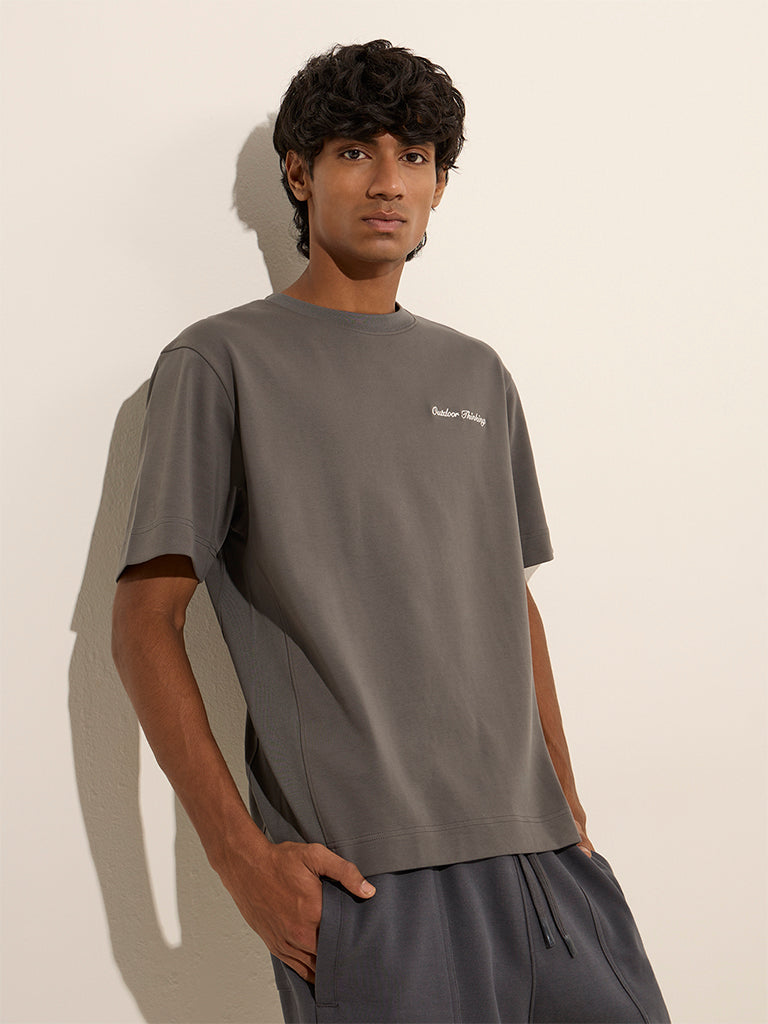 Studiofit Grey Text Print Relaxed-Fit Cotton-Blend T-Shirt