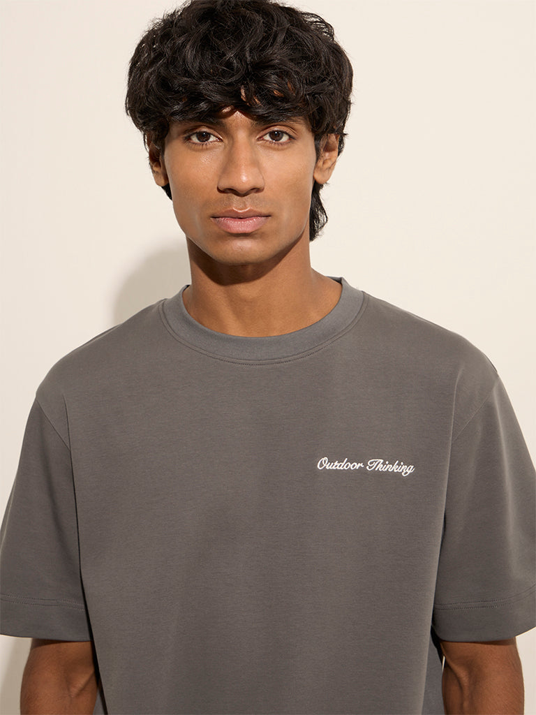 Studiofit Grey Text Print Relaxed-Fit Cotton-Blend T-Shirt