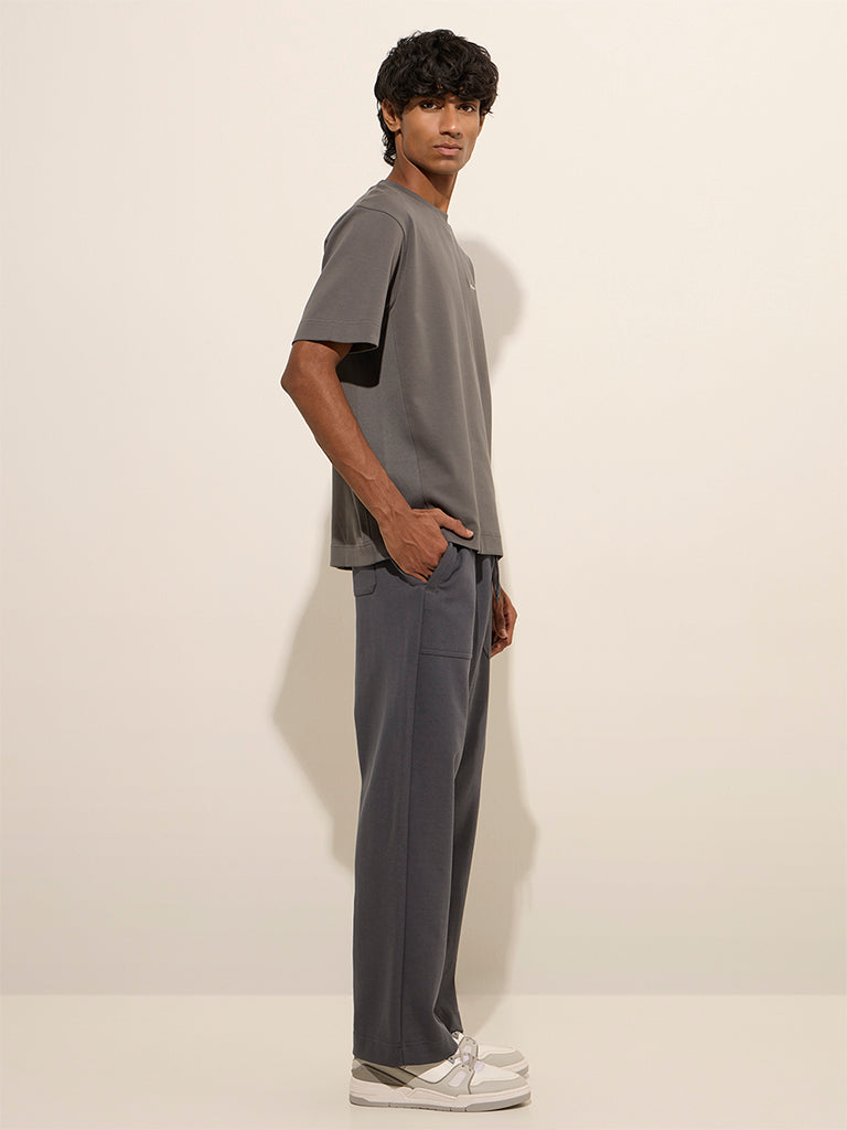 Studiofit Grey Text Print Relaxed-Fit Cotton-Blend T-Shirt