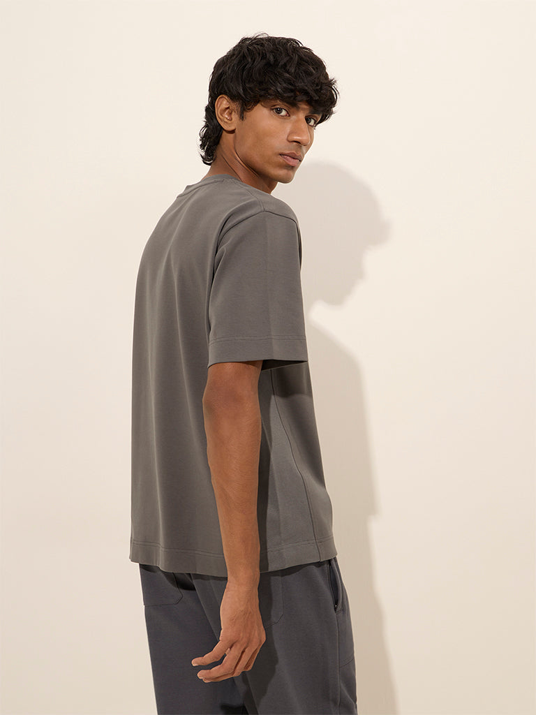 Westside Studiofit Men's Grey Text Print Relaxed-Fit Cotton-Blend T-Shirt for Sports Wear Back View