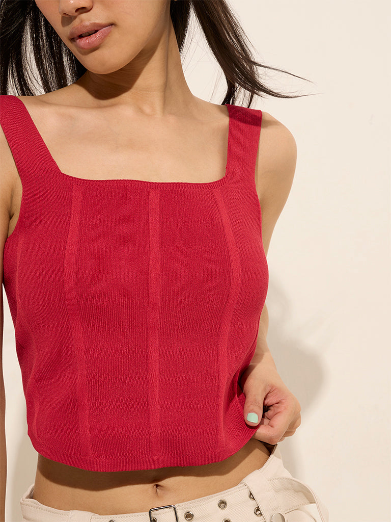 Westside Nuon Women's Red Corset-Style Cotton Top for Casual Wear Zoomed View