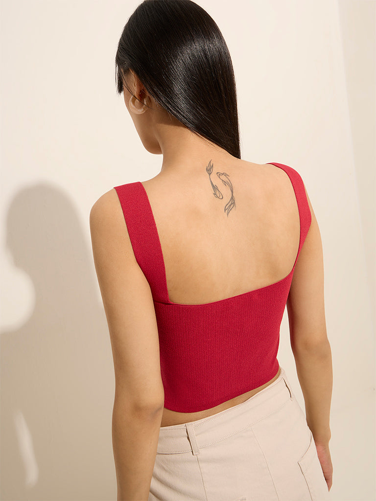 Westside Nuon Women's Red Corset-Style Cotton Top for Casual Wear Back View