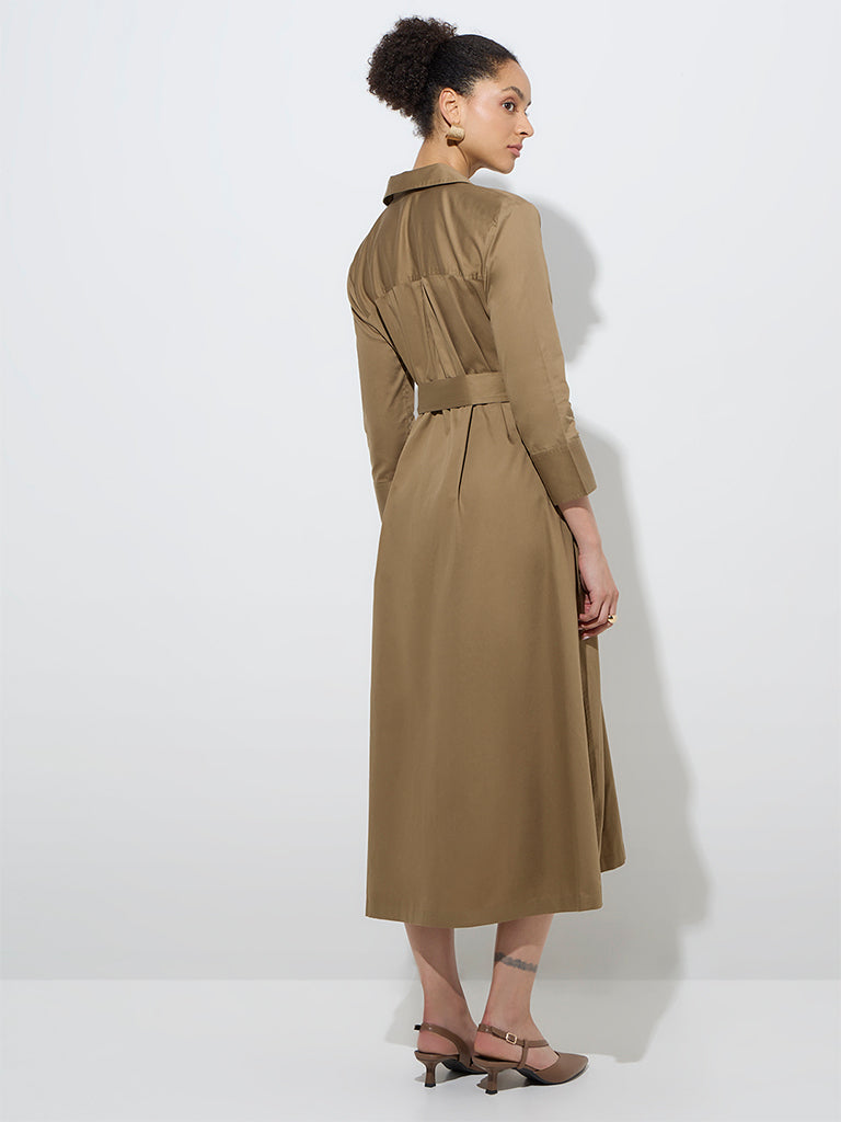 Westside Wardrobe Women's Khaki Cotton Shirt Dress with Belt for Work Wear Back View