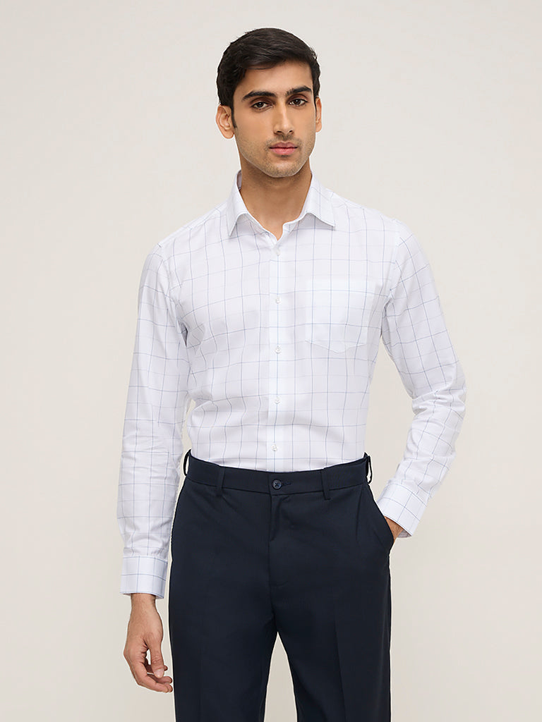 WES Formals White Checkered Slim-Fit Cotton Shirt