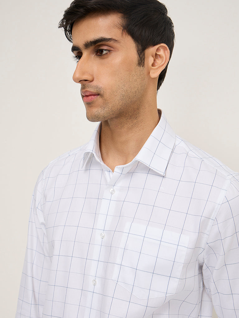 WES Formals White Checkered Slim-Fit Cotton Shirt