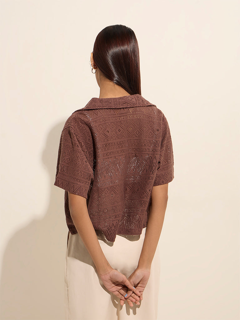 Westside Bombay Paisley Women's Brown Knitted Cotton Shirt for Everyday Back View