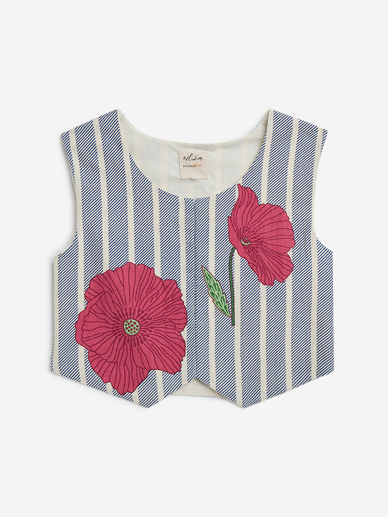 Utsa Kids Blue Striped Waistcoat-Style Cotton-Blend Top - (8-14yrs)