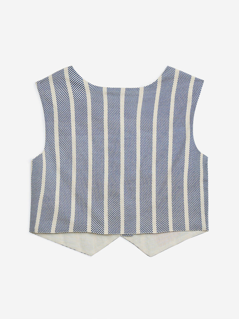 Utsa Kids Blue Striped Waistcoat-Style Cotton-Blend Top - (8-14yrs)