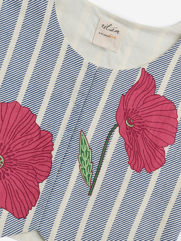 Utsa Kids Blue Striped Waistcoat-Style Cotton-Blend Top - (8-14yrs)