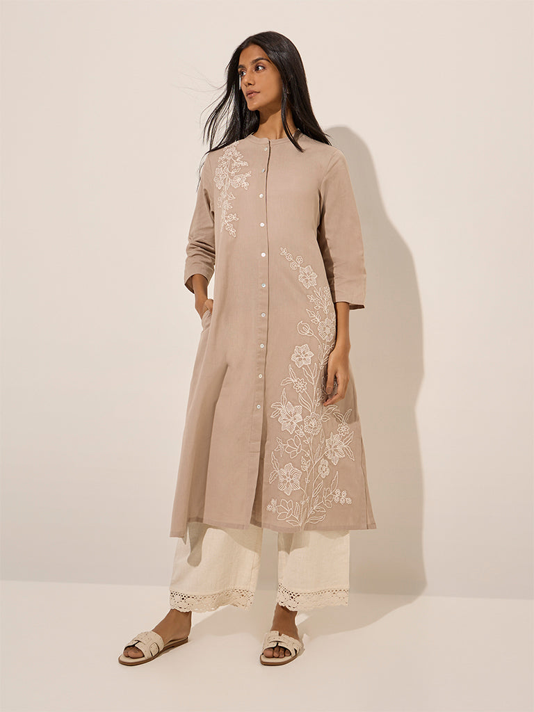 Buy Utsa Beige Floral Embroidered Cotton A-Line Kurta from Westside