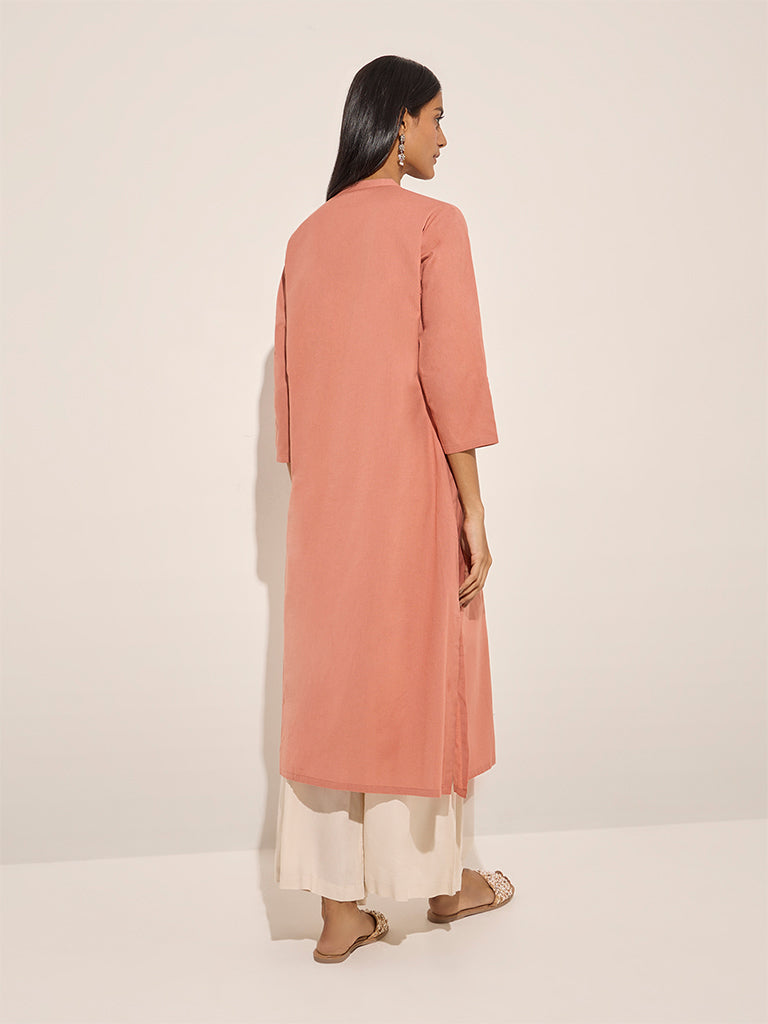 Westside Utsa Women's Peach Floral Embroidered Cotton A-Line Kurta for Work Wear Back View