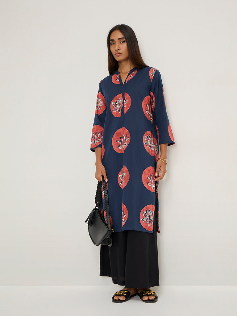 Utsa Navy Floral Design Straight Cotton Kurta