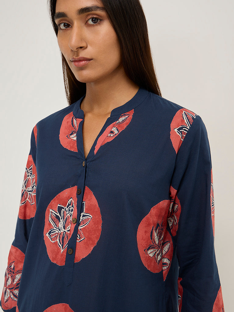 Utsa Navy Floral Design Straight Cotton Kurta