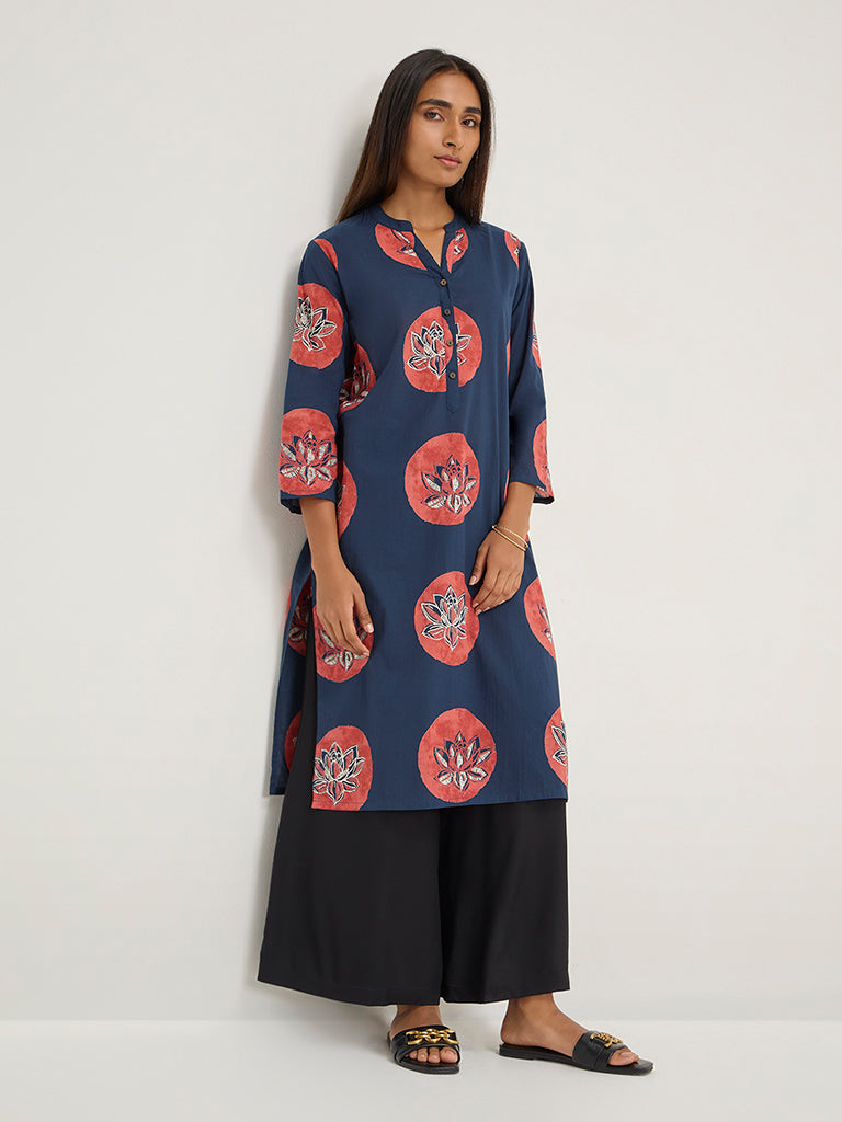 Utsa Navy Floral Design Straight Cotton Kurta