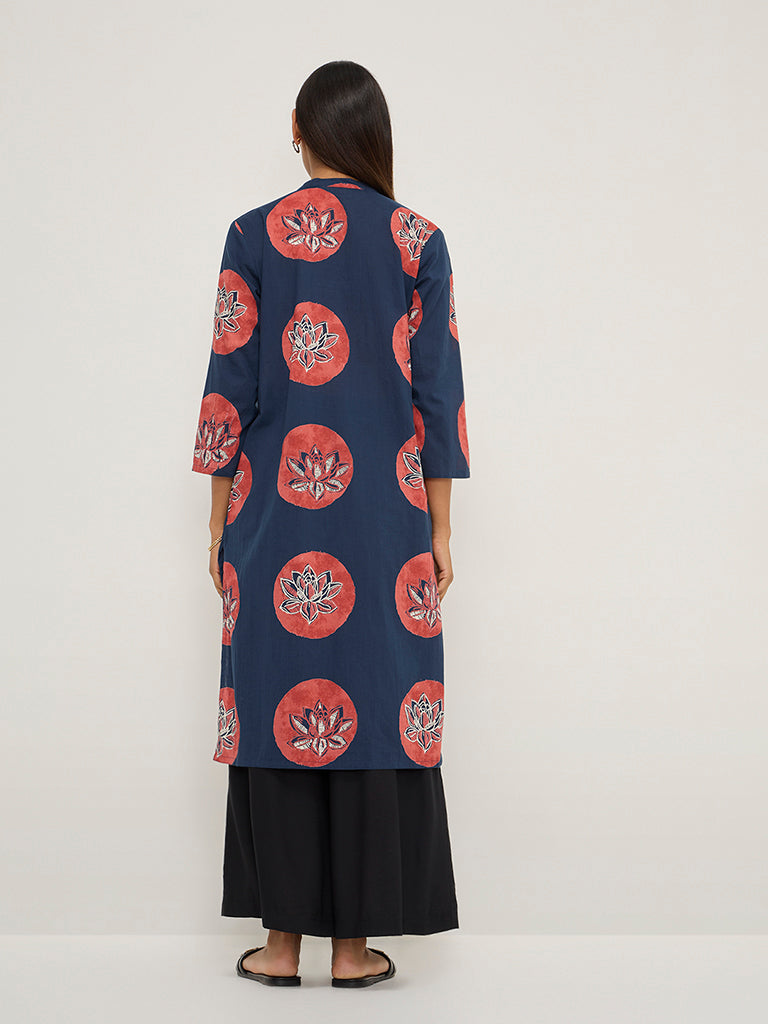 Utsa Navy Floral Design Straight Cotton Kurta